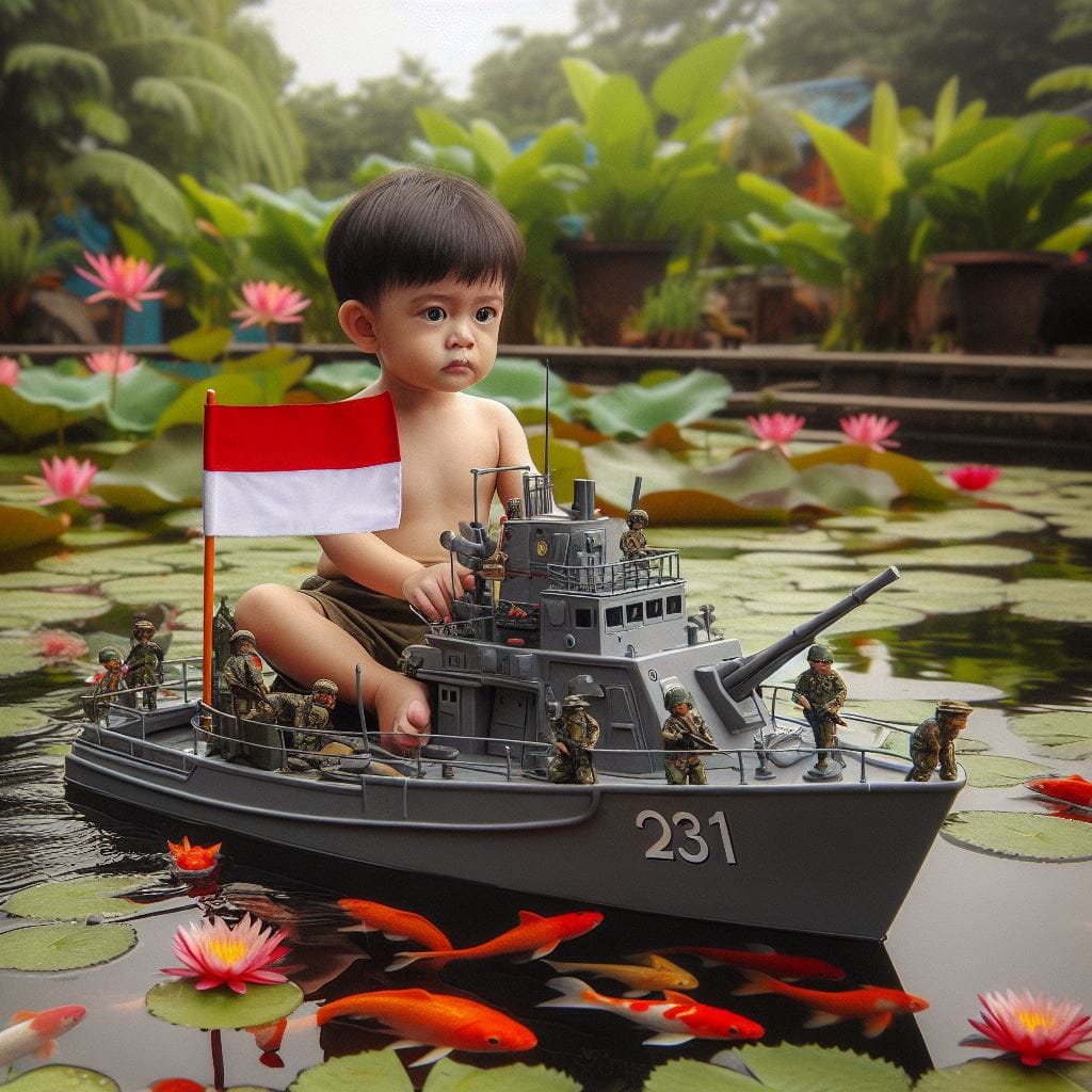 897. PROMPT:
 a small Indonesian child aged 2 years sitting on a miniature toy o...