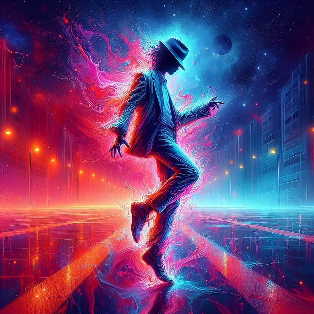905. PROMPT:
 surrealistic MJ moonwalk liquid neon paint full body watercolor pa…