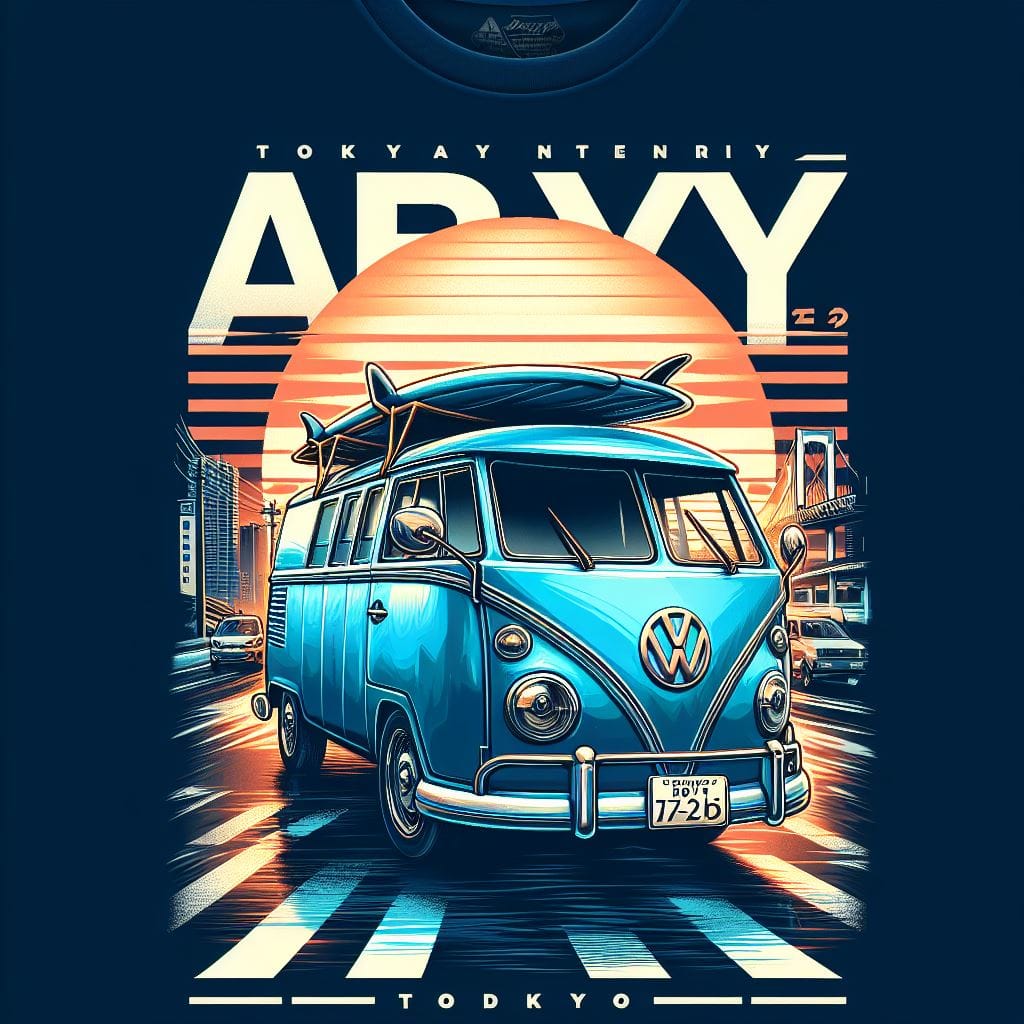 907. PROMPT:
 T-shirt design of ‘VW COMBI’ in blue color facing left at an angle…