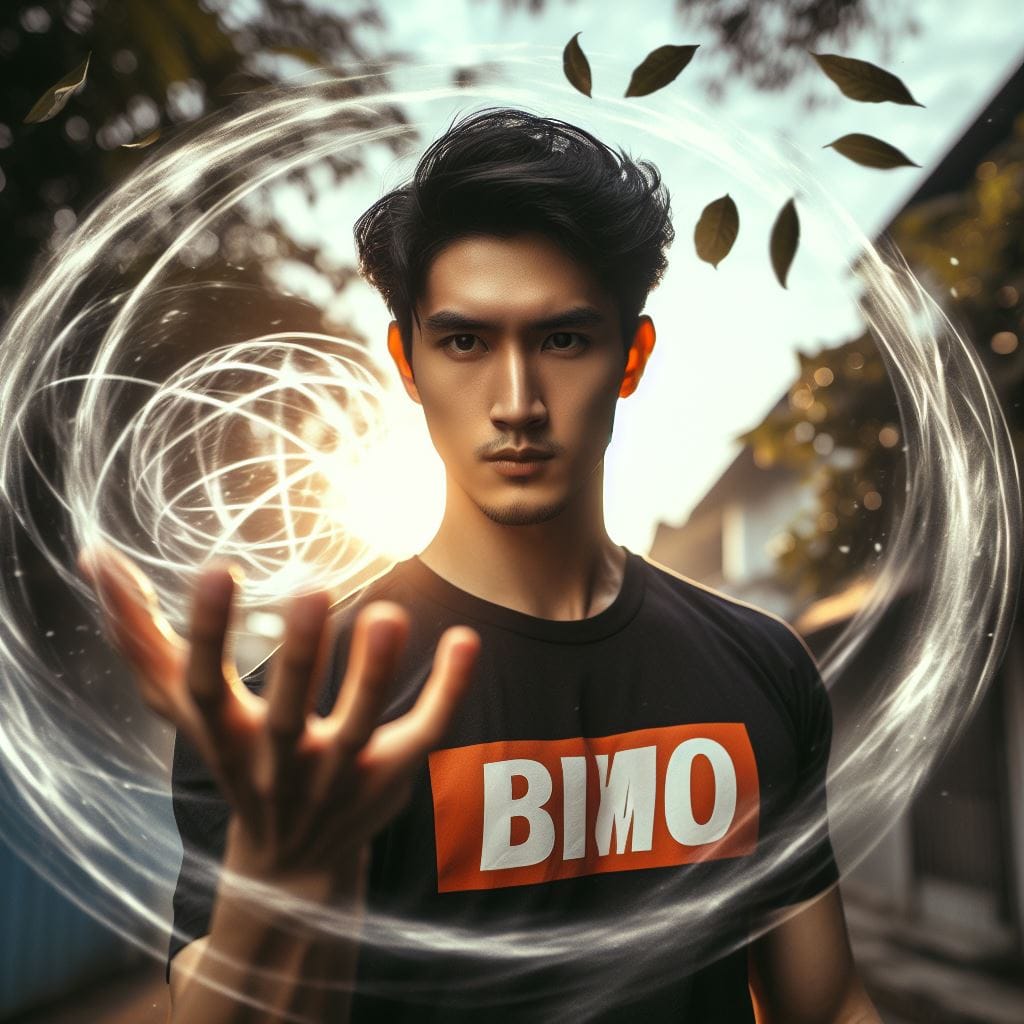 921. PROMPT:

an Indonesian man wearing a tshirt name “bimo” doing air manipulat…