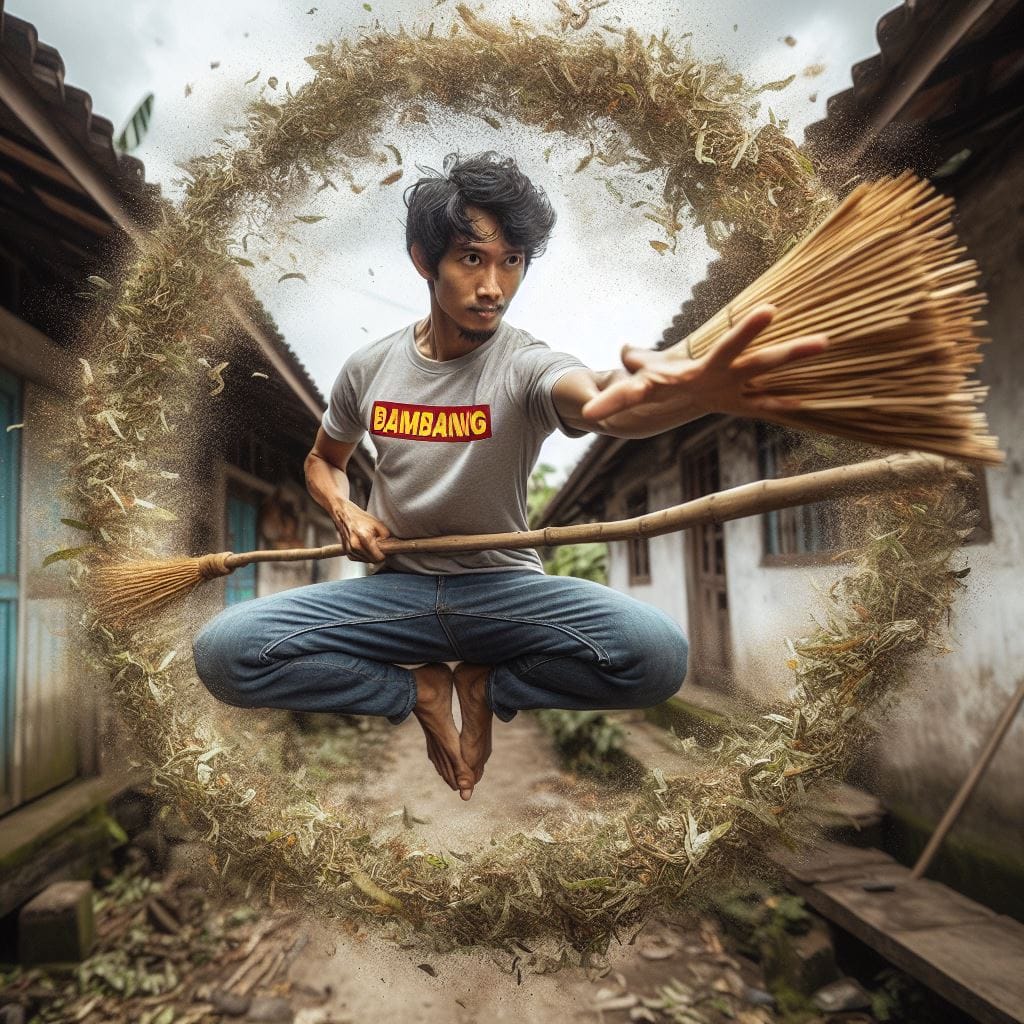 922. PROMPT:

an Indonesian man wearing a tshirt name “bambang” doing air manipu…