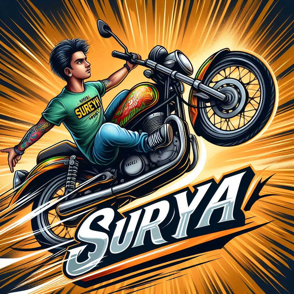 96. Prompt:
 Create a boy named 'Surya' performing daring stunts on a bullet b...