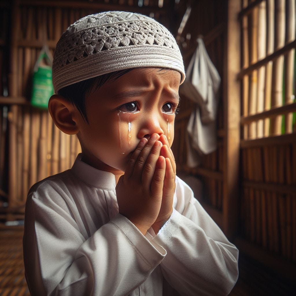 963. PROMPT:
 seorang anak umur 4 tahun, Indonesia, sedang mengagkt tangannya, b...
