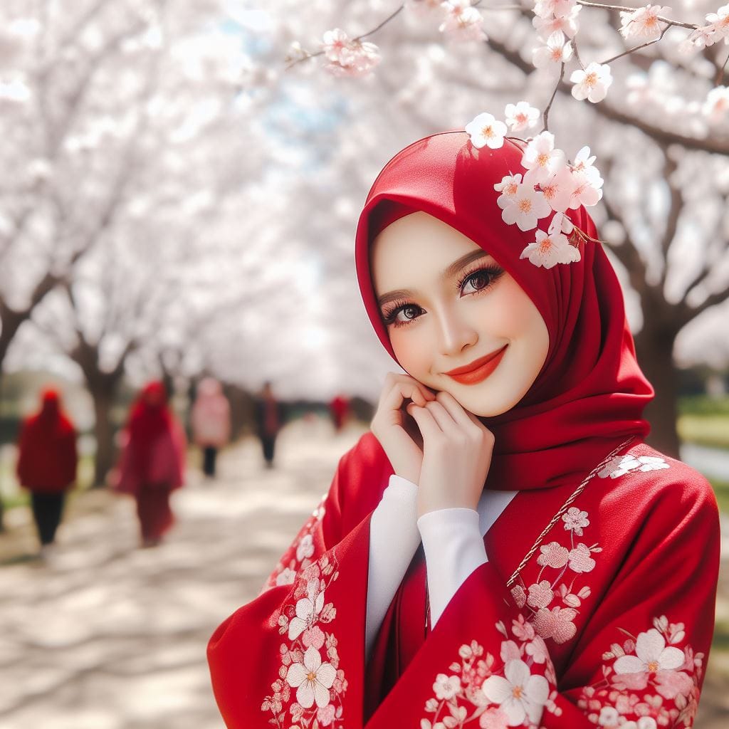 987. PROMPT:
 A beautiful hijab girl, wears traditional japan clothes red color,...