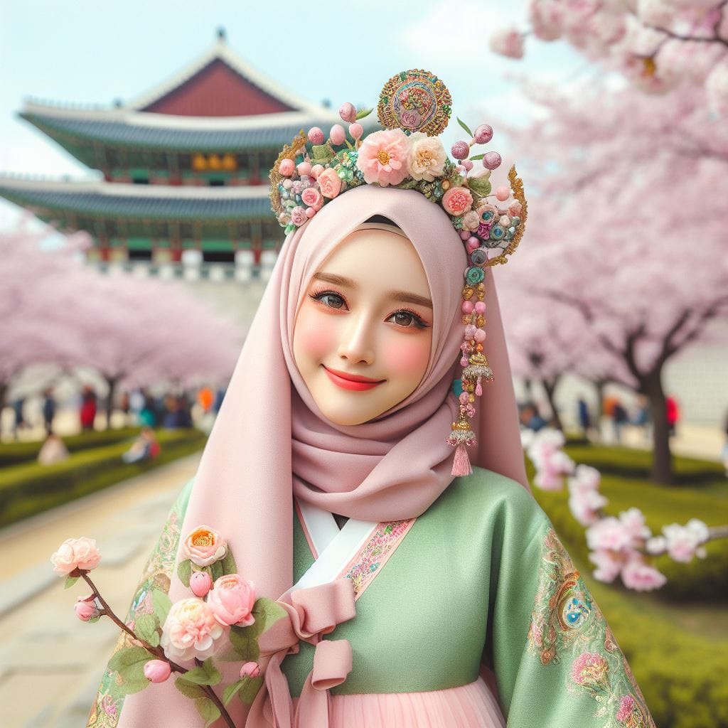 988. PROMPT:
 a half body of A beautiful hijab girl, wears traditional Korean cl...
