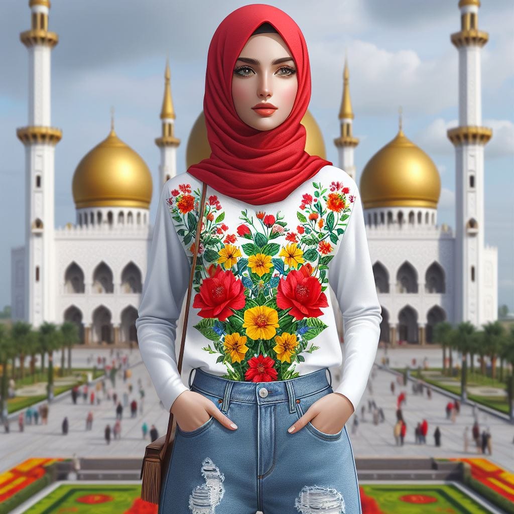 998. PROMPT:
 realistic image of A woman wearing a red hijab, wearing a t-shirt ...