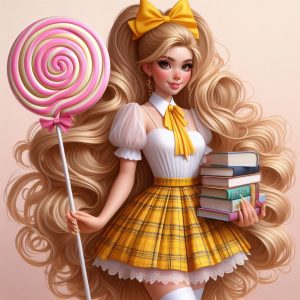 Charming teen with lollipop and some books.