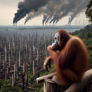 Prompt:
 "Photo of an orangutan pondering its existence. In the background you c...