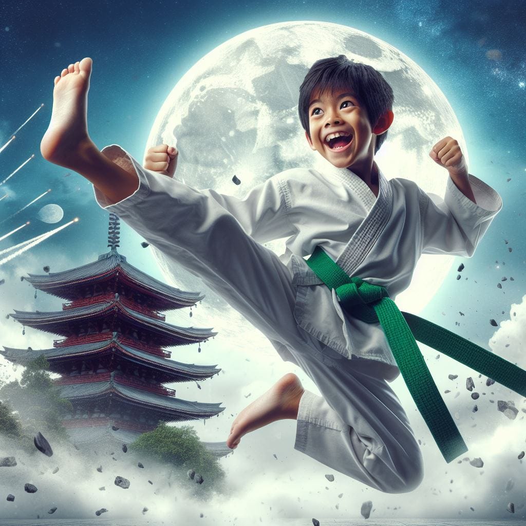 2001. PROMPT:
 An Indonesian smiling karate boy green belt, wearing a karate sui...