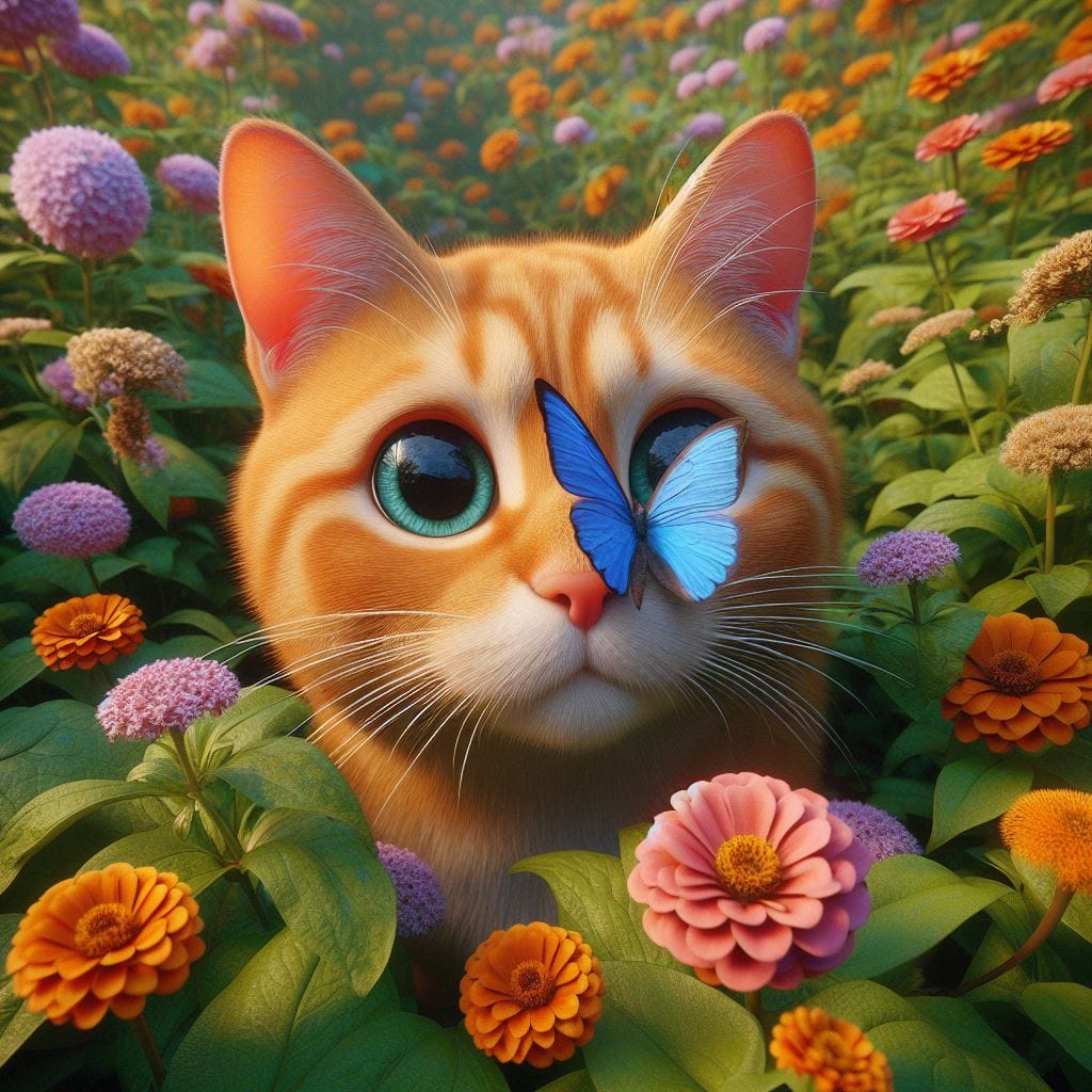 2053. PROMPT:
 ultra-zoom orange cat surounding flowers in the park; he looks ve...