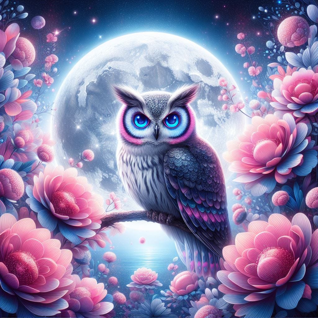 2078. PROMPT:
 an owl sitting on a branch in front of a full moon, field of fant...