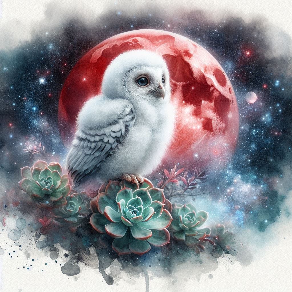 2079. PROMPT:
 Ethereal watercolor image of a white baby owl, perched on a red f...