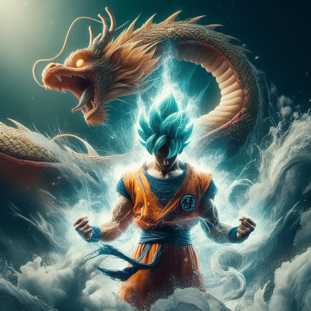 2101. PROMPT:
 create GOKU SUPER SAIYAN WITH DRAGON , SPLASH WITH SMOKE, REALIST...