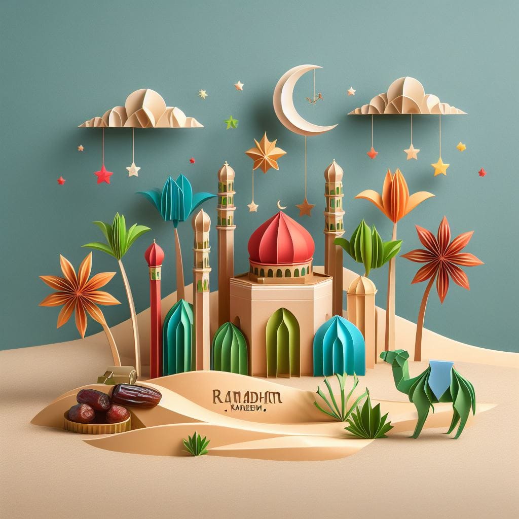 2125. PROMPT:
 A realistic origami pop-up, picture of a MOSQUE, Camel, dates, al...