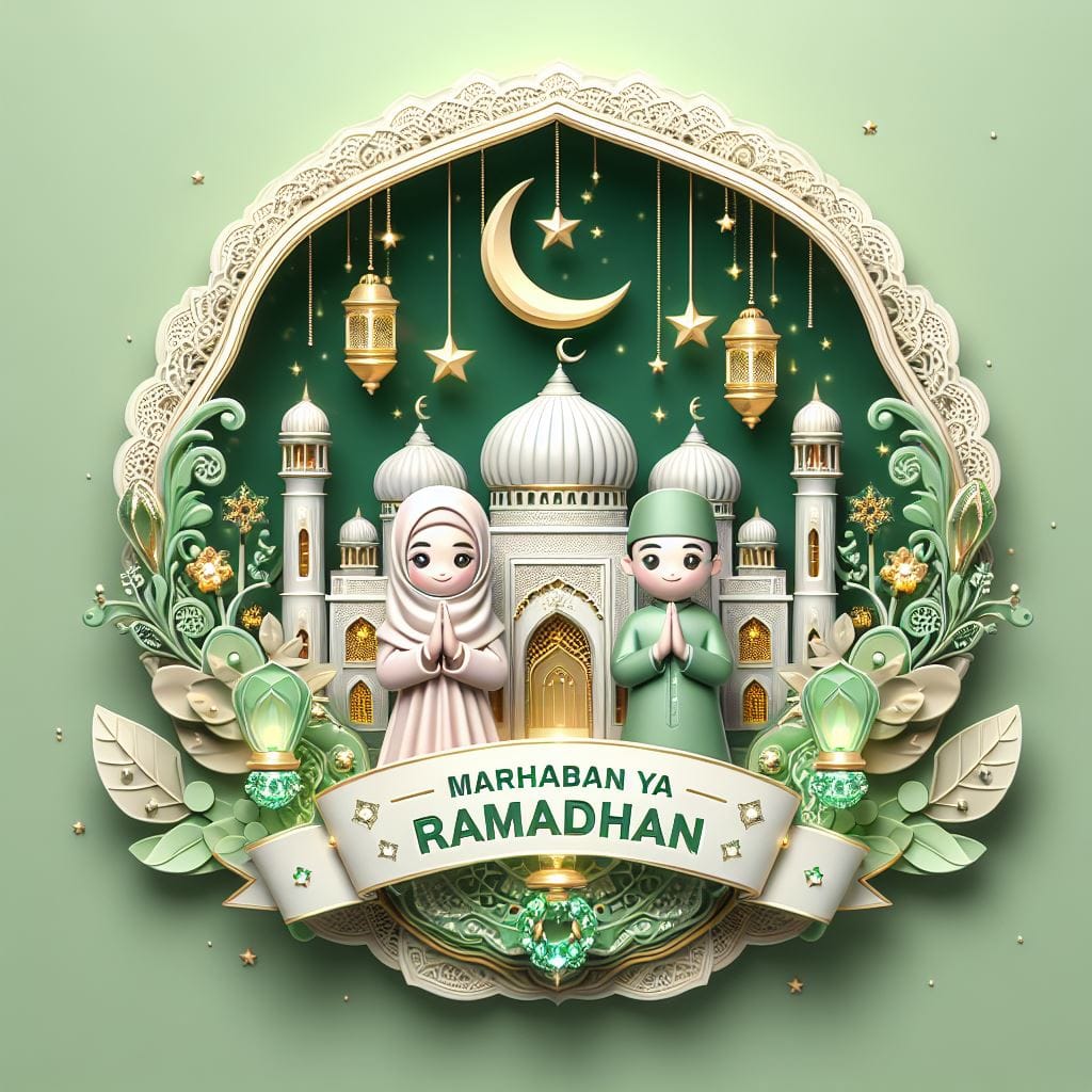2128. PROMPT:
 popup 3d circle with banner that says "marhaban ya ramadhan" in l...