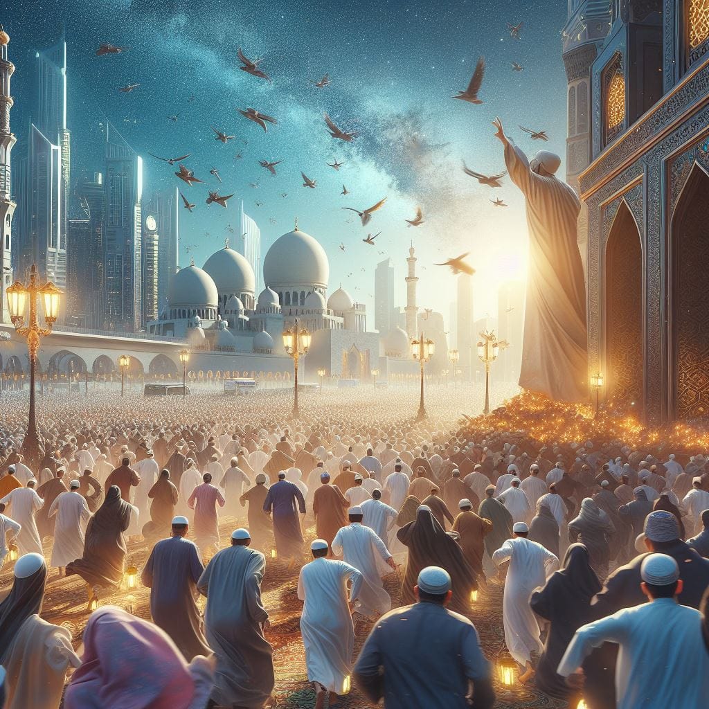 2139. PROMPT:
 a realistic hd image with Ramadan Greeting and hundred of Muslim ...