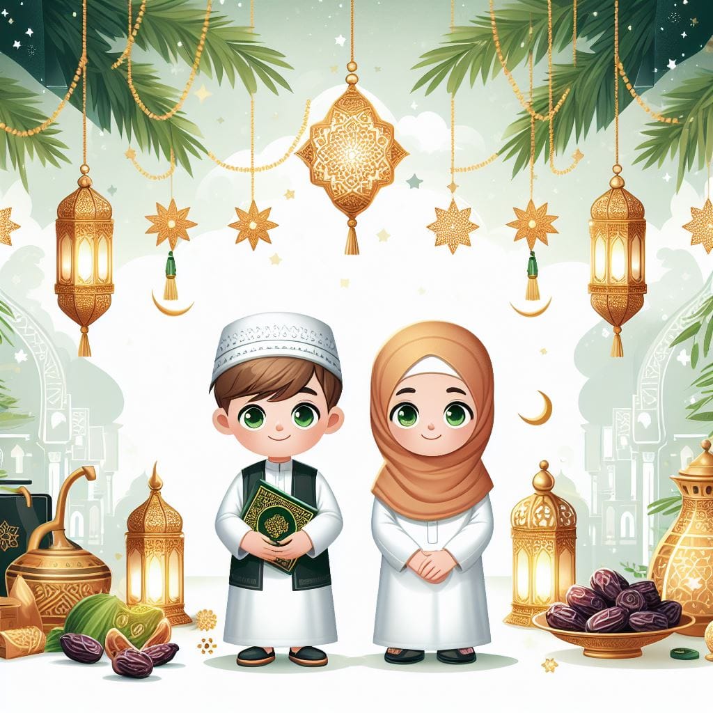 2142. PROMPT:
 ramadan kareem banner template with young boy with peci and young...