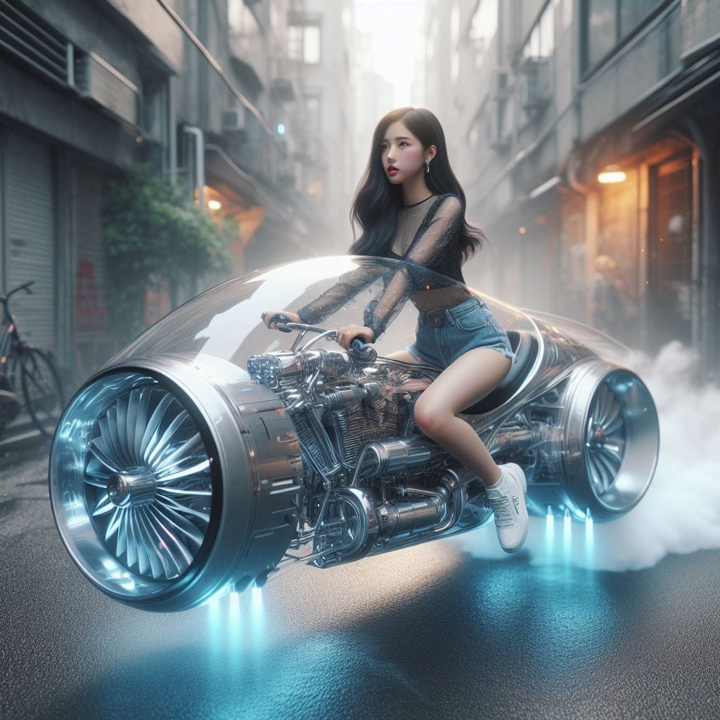 2476. PROMPT:

a beautiful Korean girl dressed in trendy clothes, riding a futur…