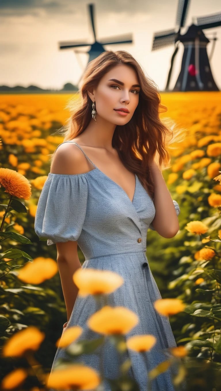 Beautiful  woman . Posing in a dutch flowerfield, in the background windmills. D...