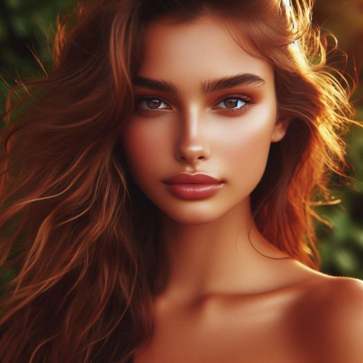 “Capture the essence of a radiant woman with sun-kissed skin, her eyes reflectin...