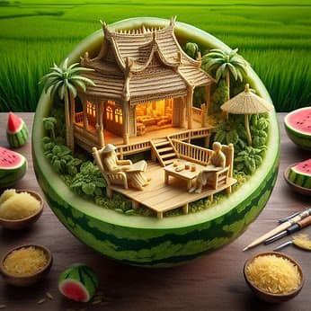 Create intricate, hyper-realistic sculptures carved into 'watermelons'. A waterm...