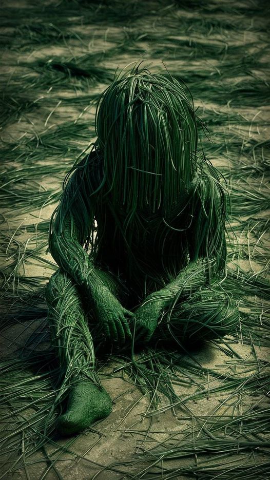 Prompt: 3d, surreal scene where a human-like figure is enveloped in grass or gre...