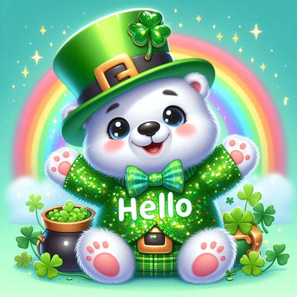 Prompt: Smiling Leprechaun cute baby polar bear dressed in green sequins with sh...