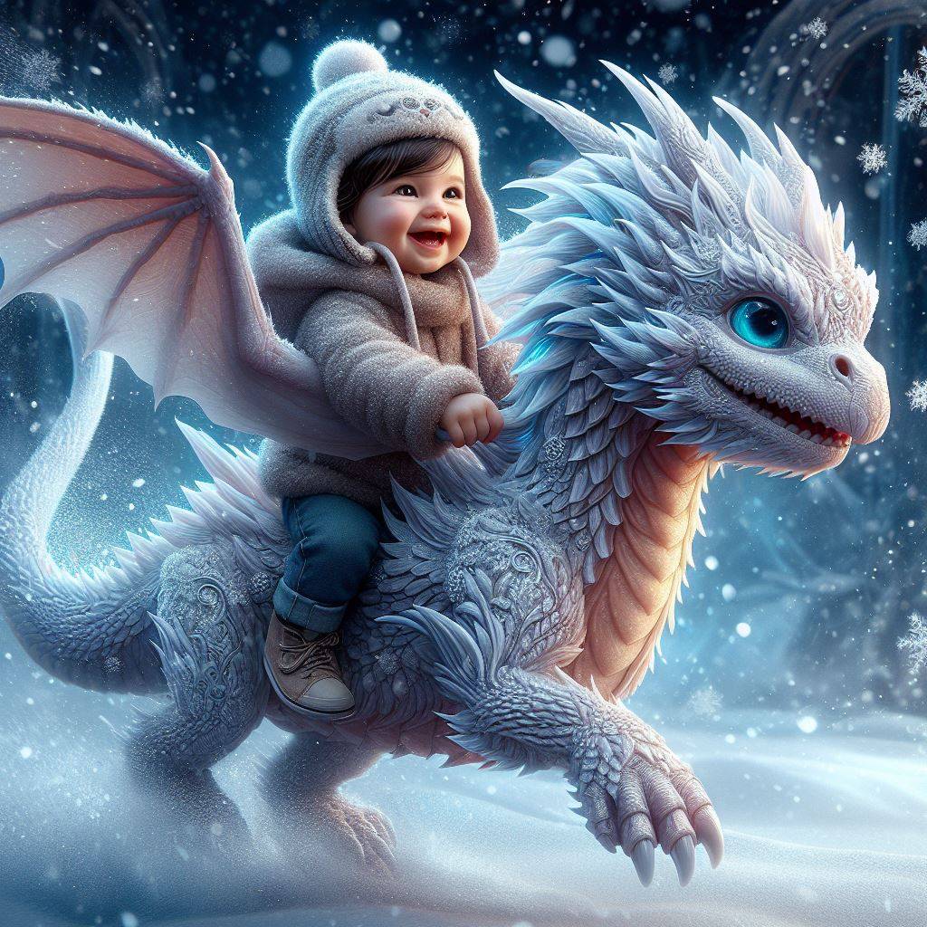 Prompt: adorable toddler is riding her baby ice dragon through the snow. happyne...