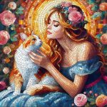 Promt: A beautiful girl with her cat in mosaic style