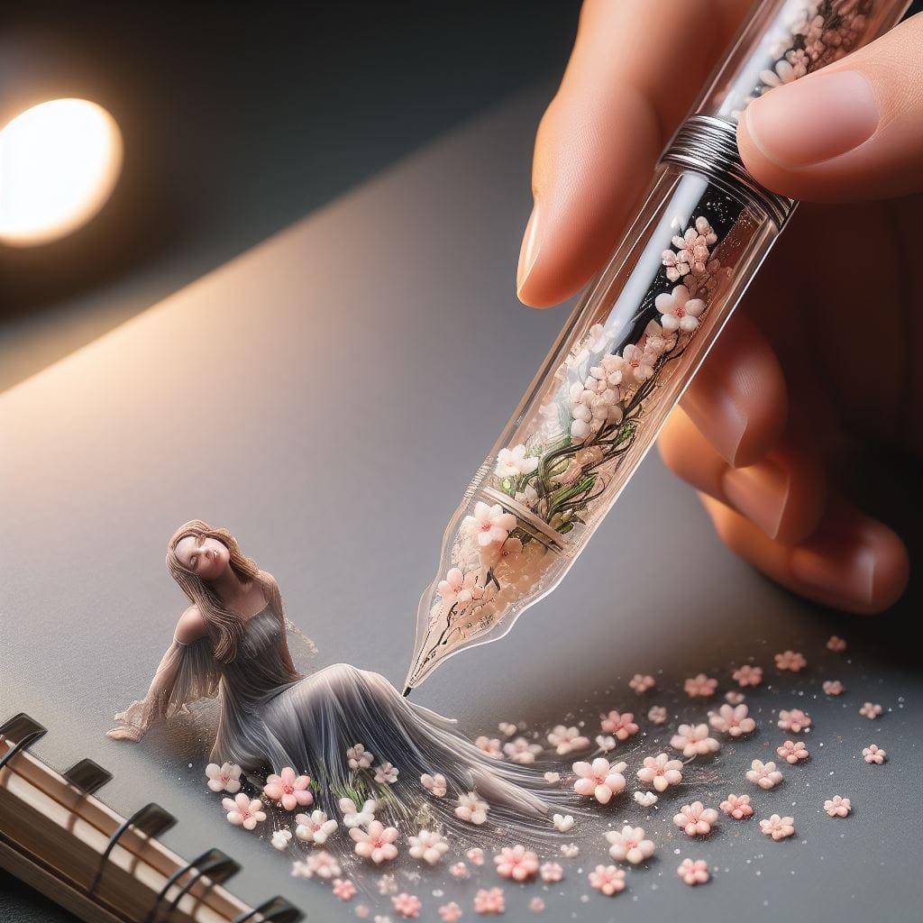 Writer
Prompt:
Buatkan penulis memegang resin melihat melalui pena dengan bunga ...