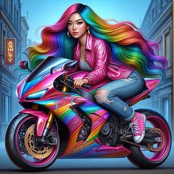 a beautiful Filipina woman with long rainbow color hair riding a racing sports m...