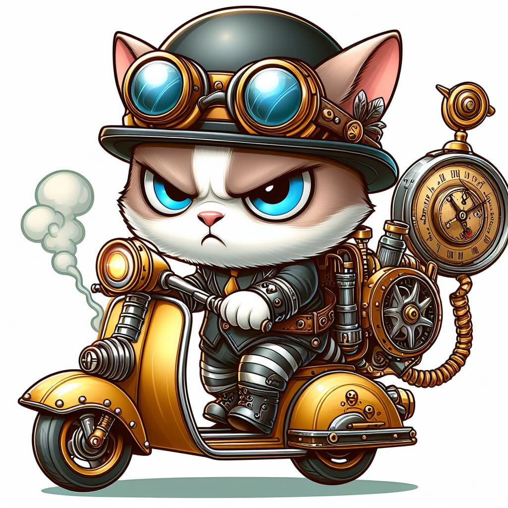 drawing of a steampunk kitten looks angry sitting on a yellow scooter cartoon ch...
