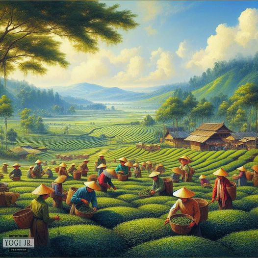 -prompt
 lukisan sekelompok orang memetik daun teh, latar belakang desa teh assa...