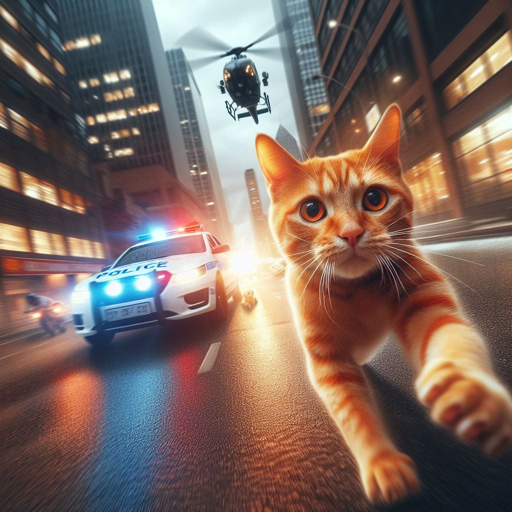 𝗕𝗥𝗘𝗔𝗞𝗜𝗡𝗚 𝗡𝗘𝗪𝗦
 2044. PROMPT:
 a police car chasing a cat on the street, pov of t...