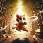 3189. PROMPT: A cute human-like orange munchkin cat kung fu master, wearing kung...