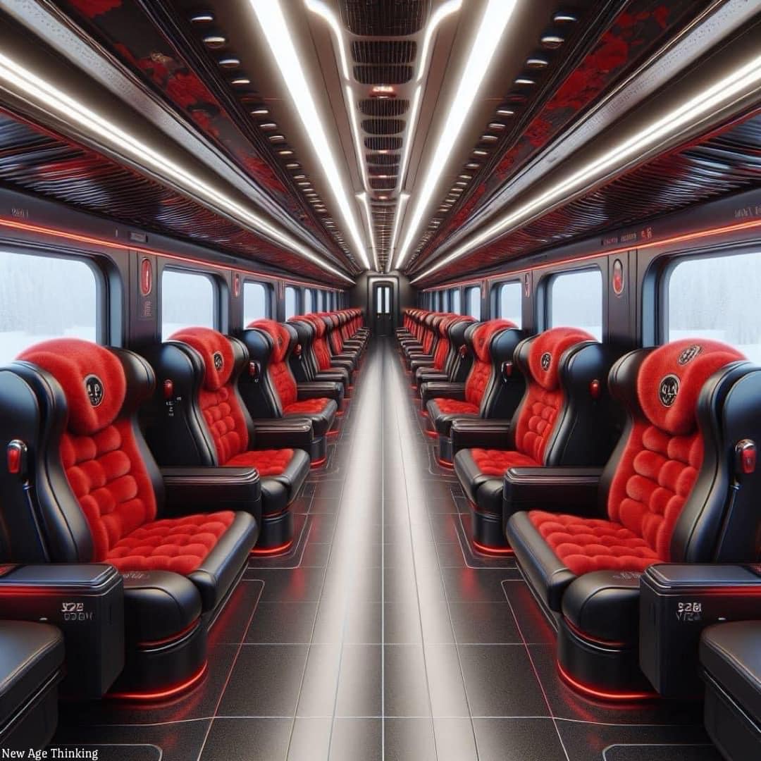 A luxurious train adorned with plush, two-tone fur interiors.