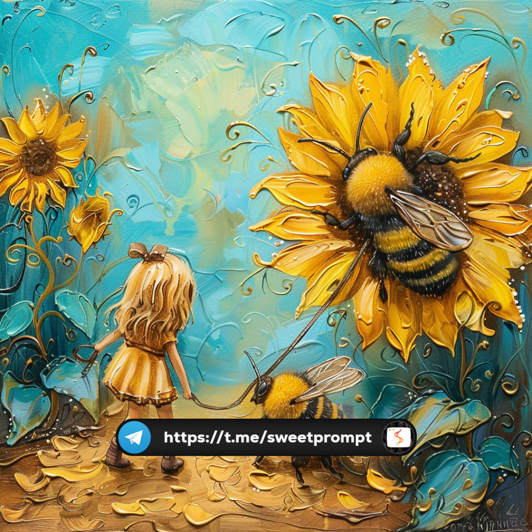 LITTLE GIRL AND HIS BUMBLE BEE 

PROMPT: A cute little girl walking a giant fuz...