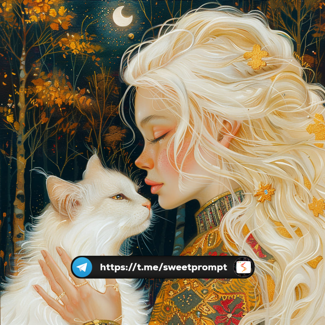 PROMPT: A princess in blonde hair, playing with her white cat in style of Traci...