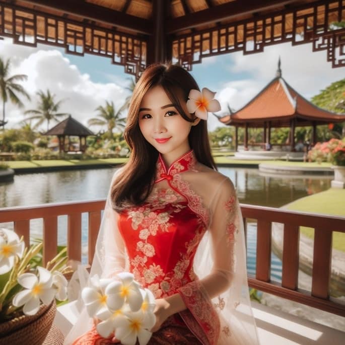 PROMT:
 a Chinese girl in traditional kebaya attire, with the kebaya in red colo...