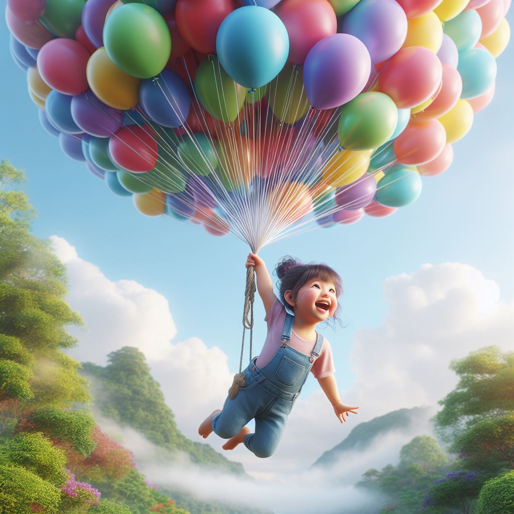 Un bambino sorridente e meravigliato è appeso ad un gruppo di palloncini colorat...