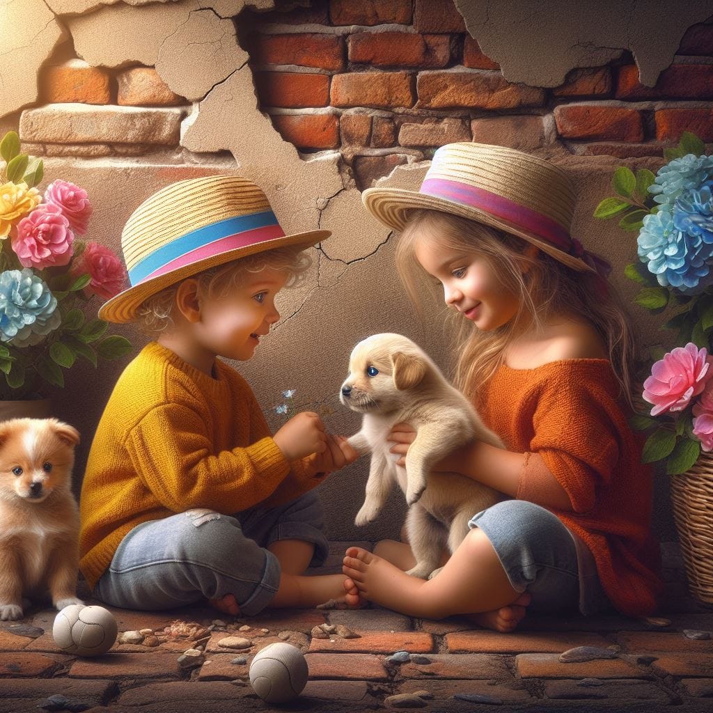 create a hyper realistic image of a beautiful two kid’s playing with cute puppie…
