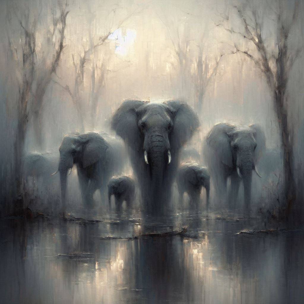 3207. PROMPT:

subtle impressionistic oil of a elephant family at dawn, with one...