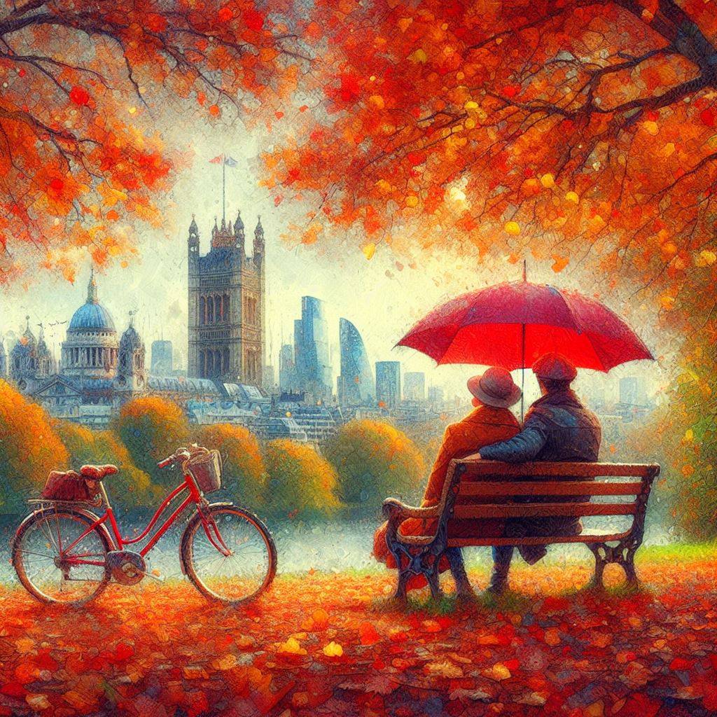 3209. PROMPT:

Sitting on a park bench and nestled under their red umbrella, a c...