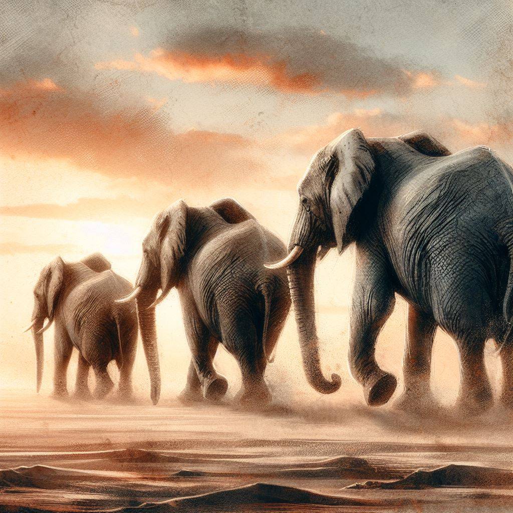 3212. PROMPT: Elephants walking behind each other, their tails held by the trunk...