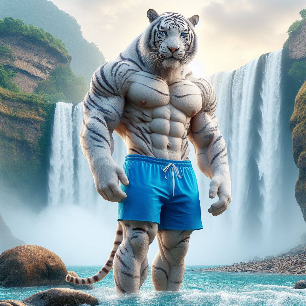 3223. PROMPT: image, handsome white tiger standing, his body is muscular, with b...
