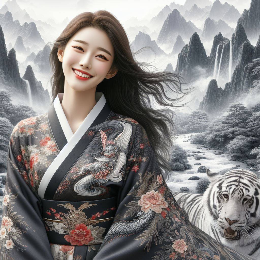 3230. PROMPT:

beautiful Korean woman smiling spoiled wearing a kimono dress wit...