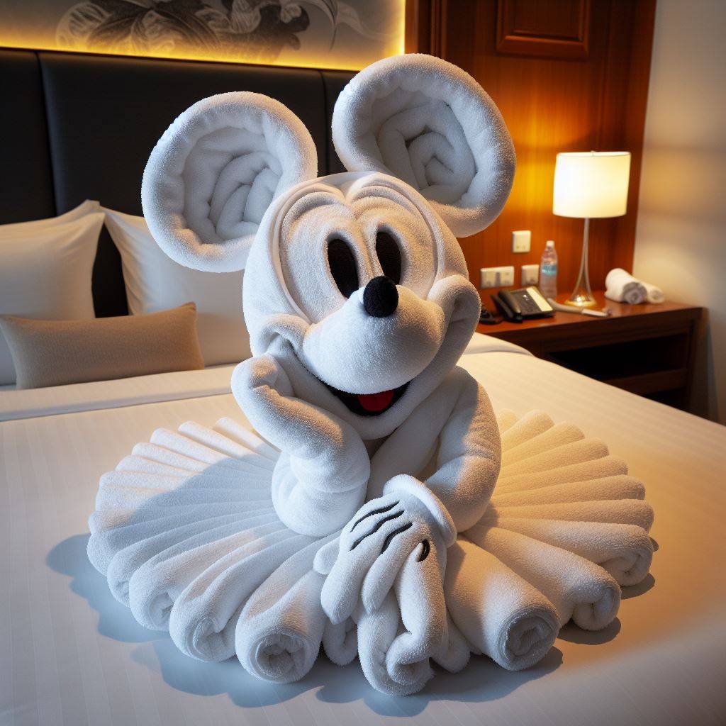 3241. PROMPT: towel art, a luxury hotel room , towels are folded cleverly to sha...