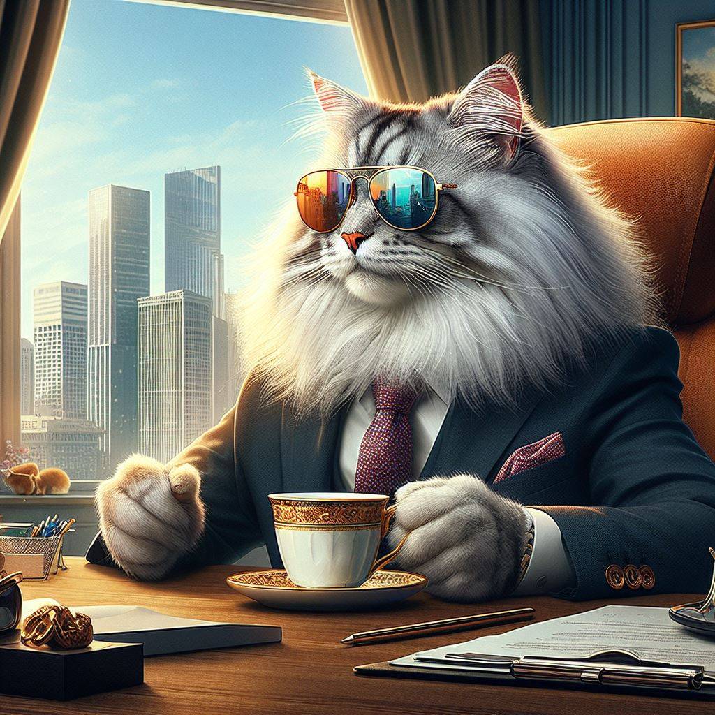 3254. PROMPT: The CEO cat, a maine-coon, wearing  shades and looking very import...
