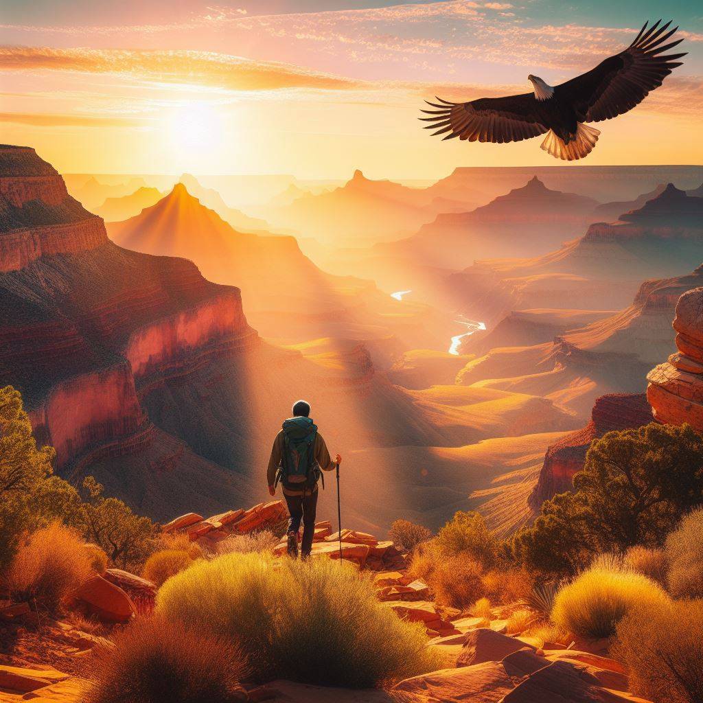 3285. PROMPT: Somebody hiking through the Grand Canyon at sunrise with a soaring...