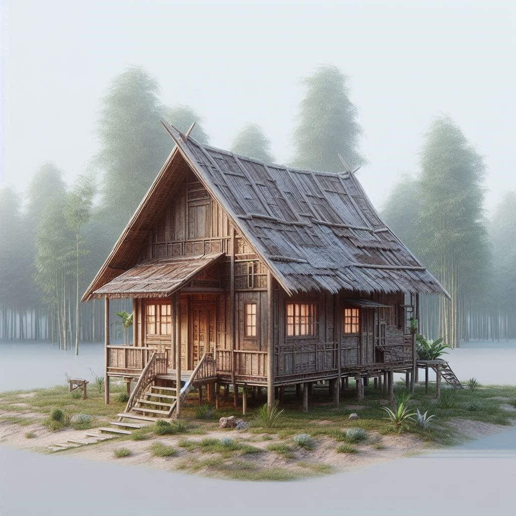 3D nyata detail! ada sebuah rumah kayu kecil di tengah ladang, potret yang terin...